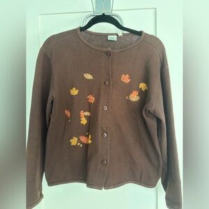 Brown Cotton Cardigan with Autumn Leaf Design